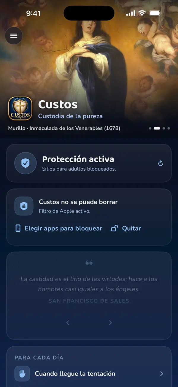 Custos en el iPhone, con la protección activa y el aviso de que Custos no se puede borrar