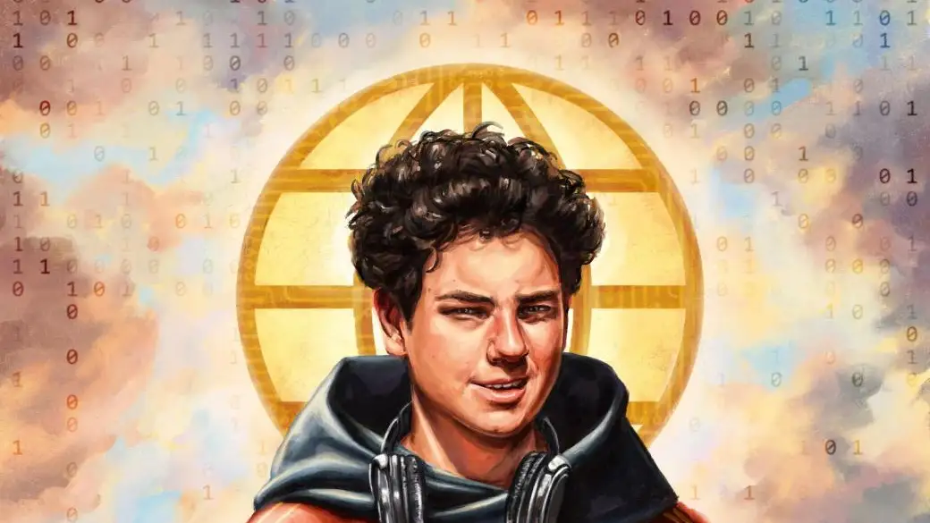 Ilustración de San Carlo Acutis con aureola y código binario