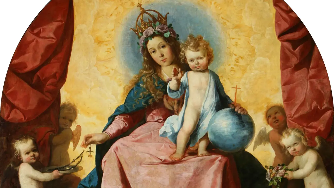 La Virgen del Rosario, de Zurbarán: la Virgen con el Niño y ángeles que sostienen un rosario